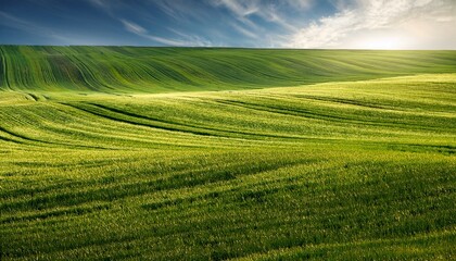 Obraz premium vibrant green field illuminated by sunlight with horizontal lines and natural texture