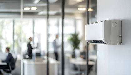 Modern office interior with air conditioning unit. Climate control system provides comfort, efficiency. Workplace design, remote control