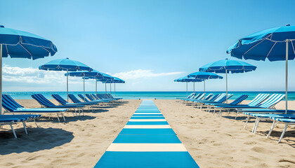 Fototapeta premium Beach chairs, umbrellas line sandy beach. Blue parasols, sunbeds on vacation resort by the sea. Summer travel relaxation