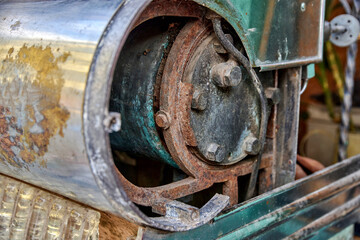 Weathered stainless-steel espresso machine close-up showcasing intricate details, vintage Italian coffee maker with rustic charm and unique character, perfect for coffee enthusiasts
