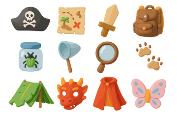 Colorful adventure icons featuring pirate hat, map, sword, and dragon