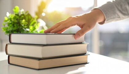 A scene of a desk with books of various thicknesses and sizes stacked in layers, with one hand resting on top of the other