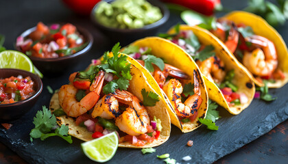 Grilled seafood tacos with various salsas and toppings. Tacos include shrimp and grilled fish on a dark platter. Mexican cuisine ready for dinner