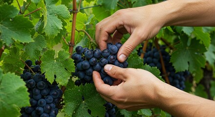 Obraz premium Man picking grape. Harvest ripe fruit in vineyard. Viticulture, winemaking production. Fresh summer harvest crop for winery.