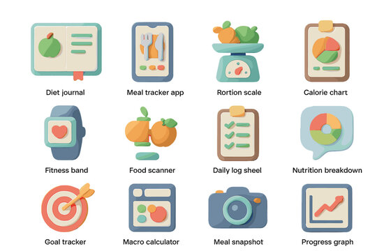 Colorful health and fitness app icons for nutrition and exercise tracking