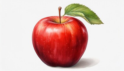 a bright red apple with a green leaf and a short brown stem isolated on a white background