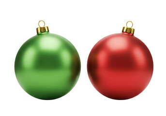 Isolated Pair of Glossy Christmas Ornaments in Red and Green