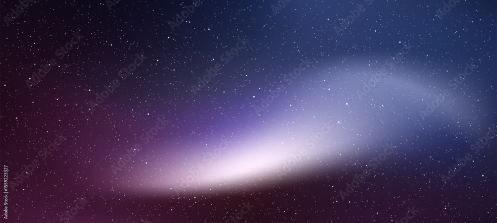 Poster Abstract purple space background with many tiny stars and a bright nebula. Universe and galaxy concept for websites and presentations.