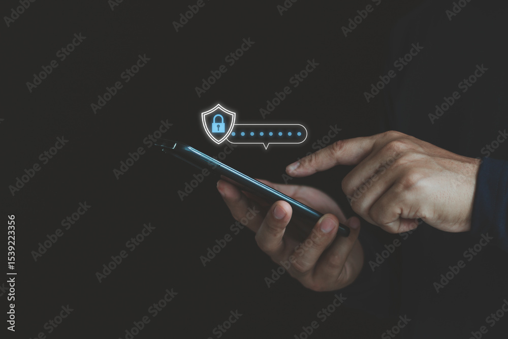 Fototapete Hand using smartphone to input password on phone for technology security system and prevent hacker. cyber security identity theft cloud network system information privacy internet online protection.