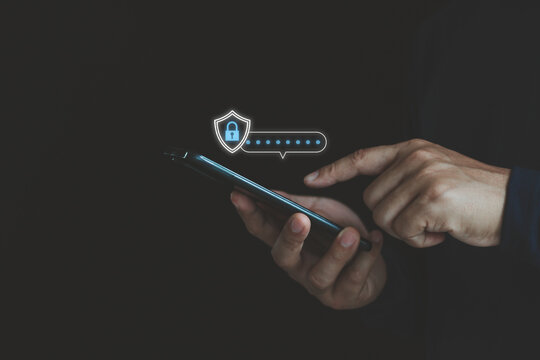 Hand using smartphone to input password on phone for technology security system and prevent hacker. cyber security identity theft cloud network system information privacy internet online protection.