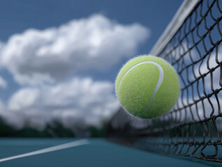 Tennis ball in mid-air, approaching the net on a vibrant court, with a blurred background of clouds and a clear blue sky, capturing the essence of competitive sports