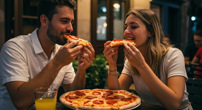 Young couple enjoying pepperoni pizza at an outdoor restaurant, sharing a romantic meal - Powered by Adobe