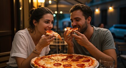 Joyful couple eating a large pepperoni pizza with dripping cheese at an outdoor restaurant
