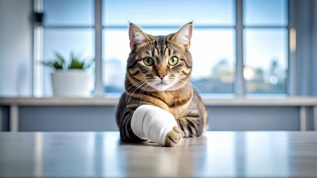 Striped tabby cat portrait with bandaged paw sitting on a shiny table near a window with houseplant background.