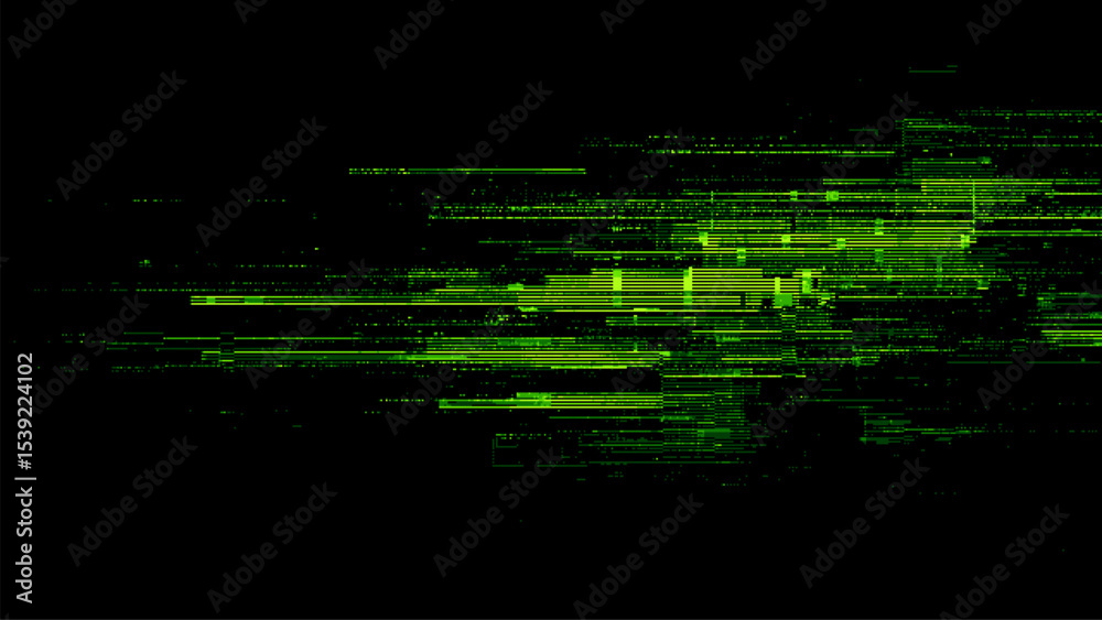 Poster Green digital code information with distorted data. Technology glitch effect. Abstract matrix background for cyber security.