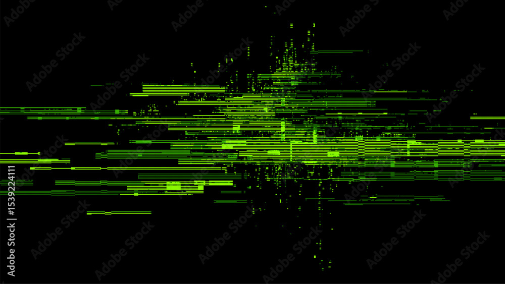 Poster Glitch digital background with green distorted lines and pixilated shapes. Matrix data error visual effect. Cyberpunk abstract design.