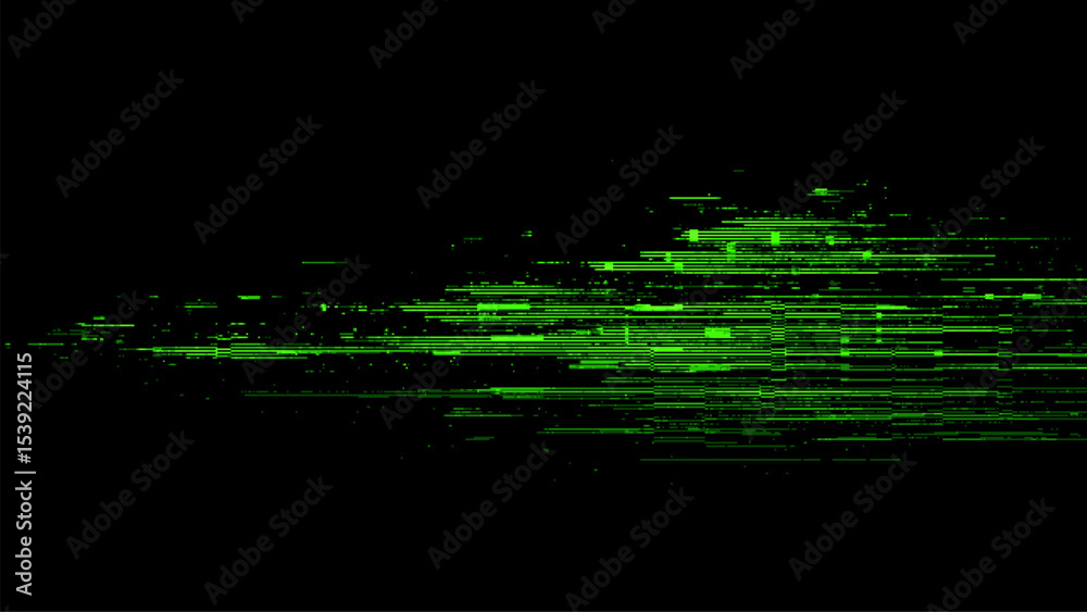 Aufkleber Abstract green digital glitch art on a black background. Minimalist computer screen distortion for high tech display.