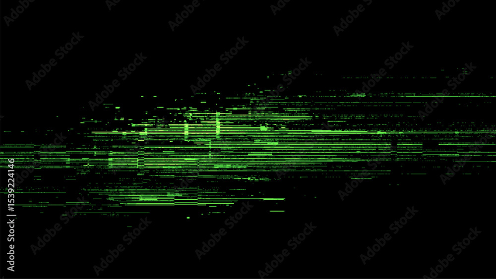 Fototapete Glitch vector matrix with green distorted lines and digital noise on black background for computer display error