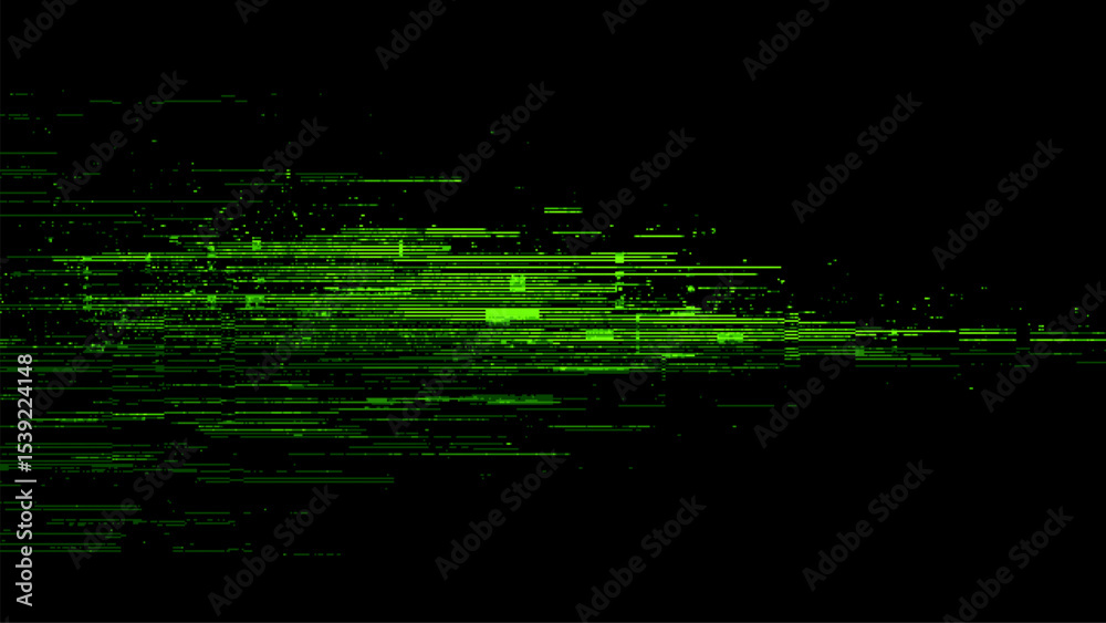 Poster Green glitch vector matrix with digital data error effect. Abstract geometric lines on dark background. Cyber security data flow.