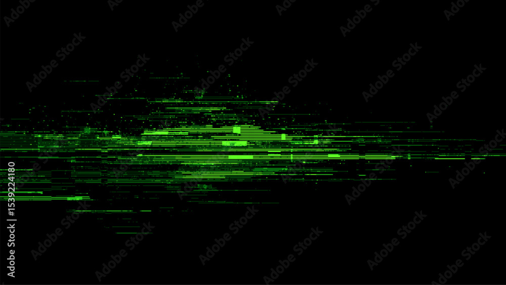 Poster Computer green glitch lines. Digital signal distortion effect. Cyber security and programming data stream background.