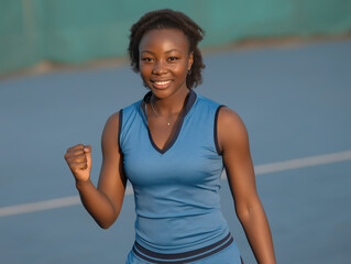 African American female tennis player celebrating victory on the court, wearing a blue athletic outfit, showcasing determination and joy in a competitive sports environment