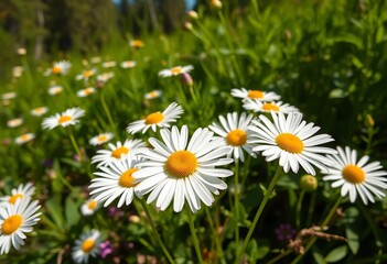 Fototapeta premium Oxeye daisy blooms in vibrant sunlight amidst the lush greenery of the Colville National Forest, bright, sunshine