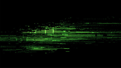Glitch vector matrix with green distorted lines and digital noise on black background for computer display error