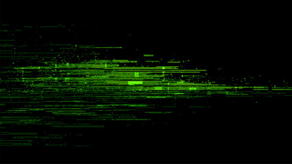Green glitch vector matrix with digital data error effect. Abstract geometric lines on dark background. Cyber security data flow.