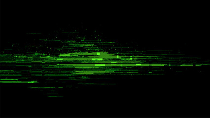 Computer green glitch lines. Digital signal distortion effect. Cyber security and programming data stream background.
