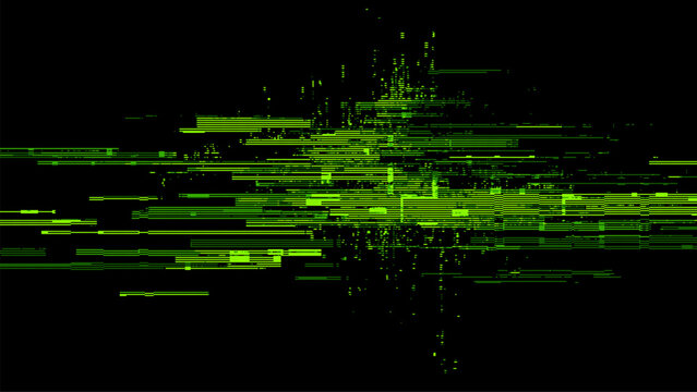Glitch digital background with green distorted lines and pixilated shapes. Matrix data error visual effect. Cyberpunk abstract design.
