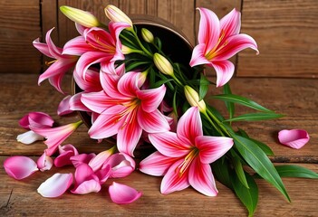 Pink lilies cascading from a rustic tin can, petals scattered on wood,  tin can,  close-up