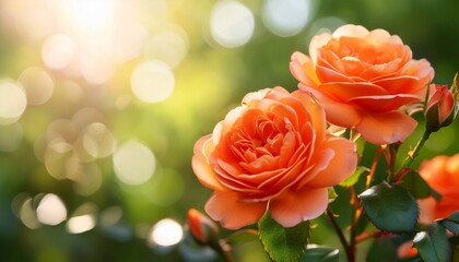 vibrant orange roses blooming in sunlight with green bokeh background