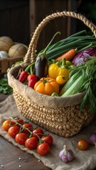 Colorful harvest of organic summer vegetables in rustic basket – tomatoes, peppers, herbs and more