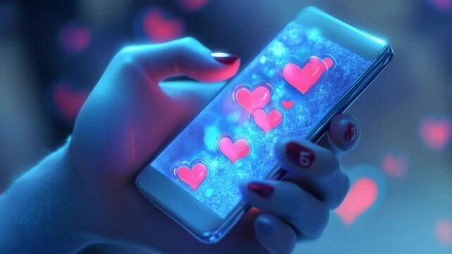 A person is sending a cute valentine's day text message using their smartphone. The screen displays heart emojis and a love note. - Powered by Adobe