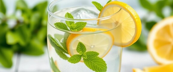 Refreshing lemon mint infused water in a glass, close-up, cubes, macro