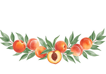 Watercolor peaches with leaves arranged in a decorative style  