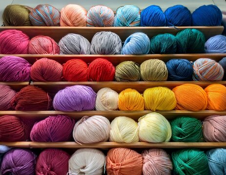 colorful yarn balls neatly arranged in rows showing variety of vibrant knitting materials