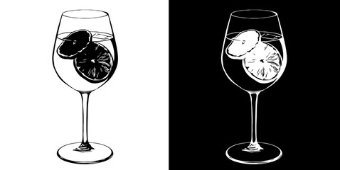 Alcoholic cocktail Aperol Spritz in a glass decorated with orange slices isolated on white and black background, vector illustration for menu