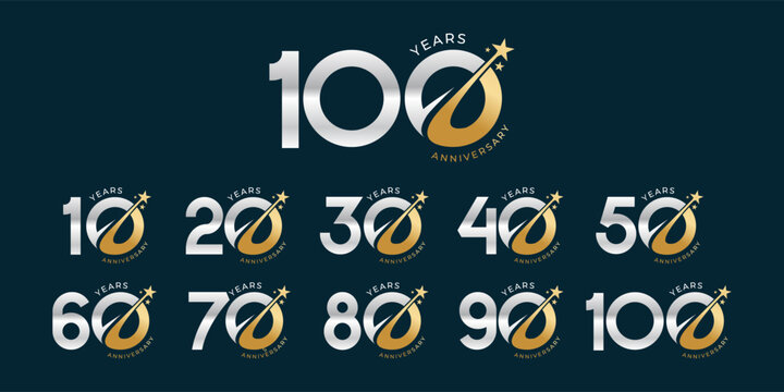 Set of modern vector logo designs for 10th to 100th anniversary with stars, in gold color for celebrations, weddings and birthdays