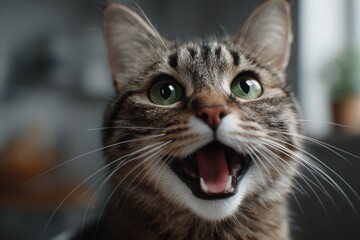 Fototapeta premium A close-up of a tabby cat with an open mouth. The cat's green eyes and distinct stripes are prominent, creating a captivating portrait.