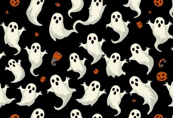 Seamless Halloween vector pattern featuring spooky ghosts on a dark background, art, vintage
