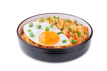 Vegetables fried rice with fried eggs, asian food on a white isolated background