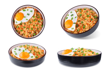 Vegetables fried rice with fried eggs, asian food on a white isolated background