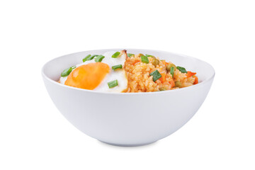 Vegetables fried rice with fried eggs, asian food on a white isolated background
