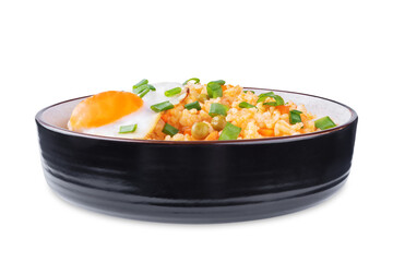Vegetables fried rice with fried eggs, asian food on a white isolated background