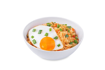 Vegetables fried rice with fried eggs, asian food on a white isolated background
