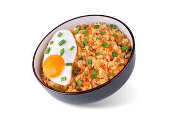Vegetables fried rice with fried eggs, asian food on a white isolated background