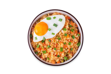 Vegetables fried rice with fried eggs, asian food on a white isolated background