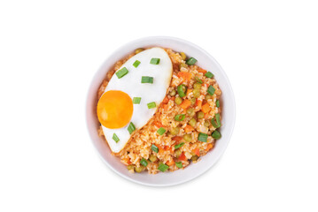 Vegetables fried rice with fried eggs, asian food on a white isolated background