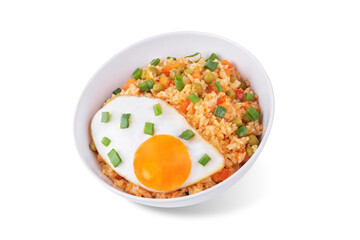 Vegetables fried rice with fried eggs, asian food on a white isolated background